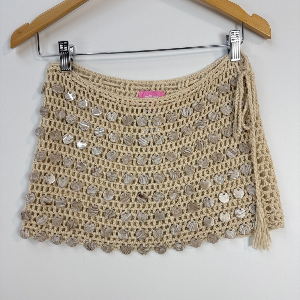 Edikted Alora Iridescent Crochet Mini Skirt Womens Size S Beige Sequin Boho Tie - Picture 2 of 10